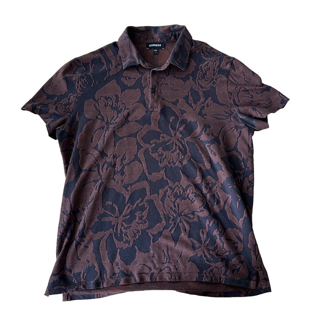 Express Black and Brown Floral Polo Shirt Men's L